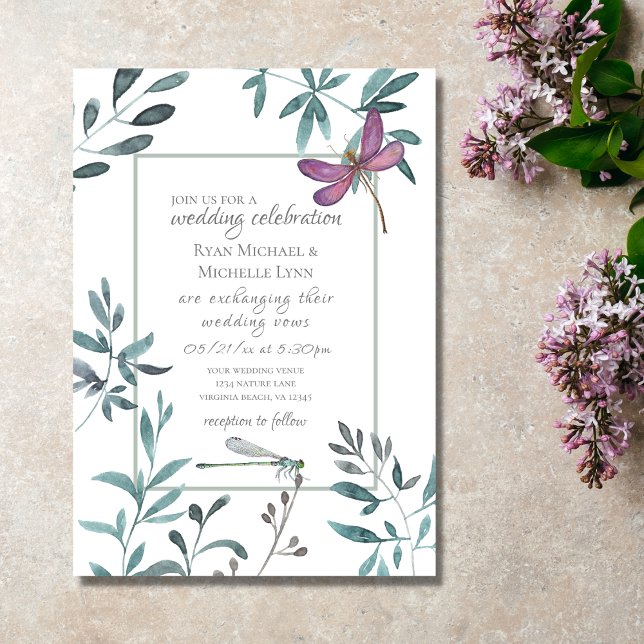 Convite Bonito Dragonfly Garden Greenery em Casamento Bran (Criador carregado)