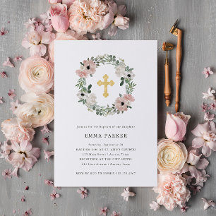 Convite Bonito Dusty Peach Floral Wreath e Cross Baptism