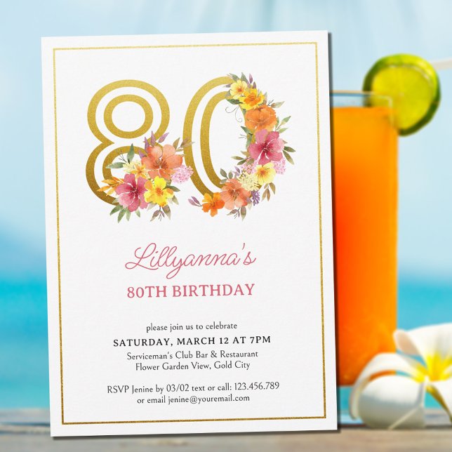 Convite Bonito Festa de aniversário 80 Número 80 I (80th Birthday Invitation from my Floral Number Birthday Party Collection)
