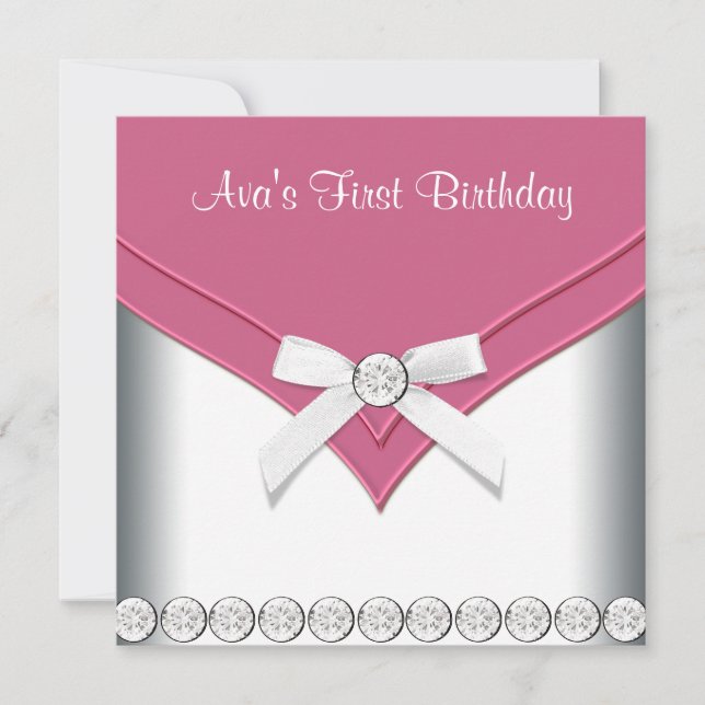 Convite Bonito Festa de aniversario de meninas rosa e bran (Frente)