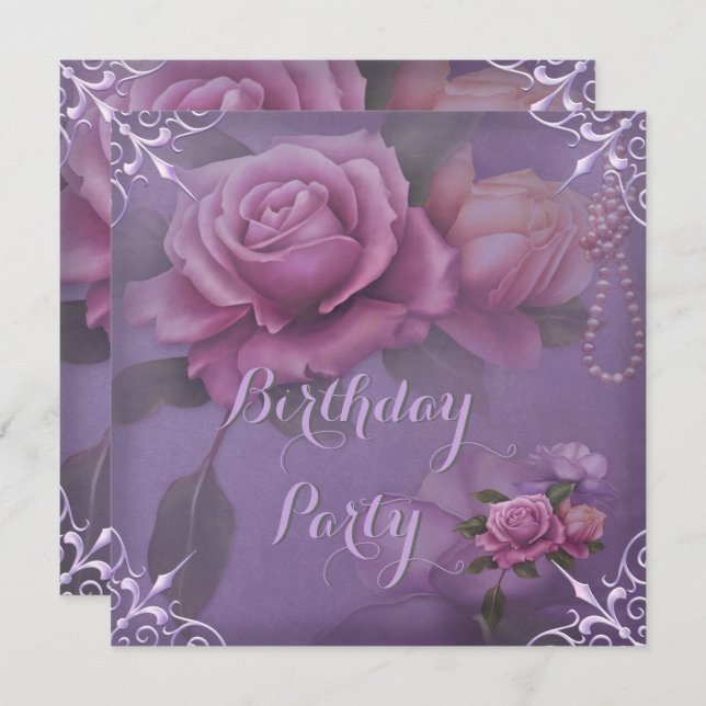 Convite Bonito Festa de aniversário rosa púrpura rosa rosa (Frente/Verso)