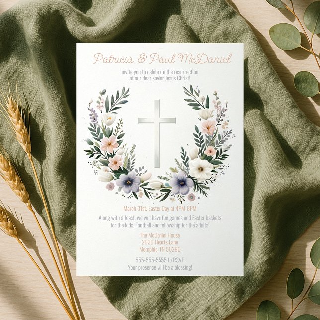 Convite Bonito Floral Christianity Cross Páscoa Party (Pretty Floral Christianity Cross Easter Party Invitation
)