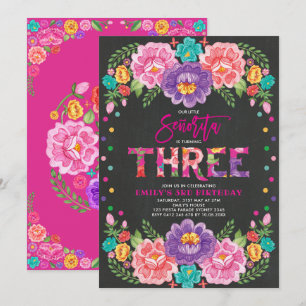 Convite Bonito Floral Fiesta Senorita aniversário de 3 ano