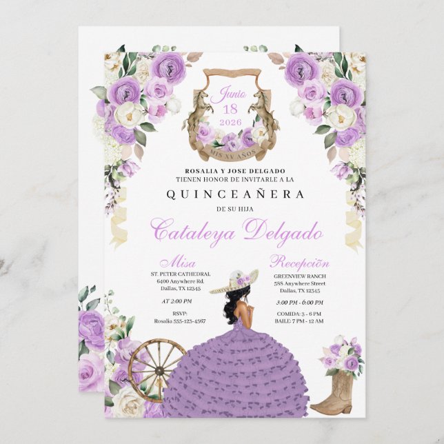 Convite Bonito Floral Ocidental Charro Quinceañera (Frente/Verso)