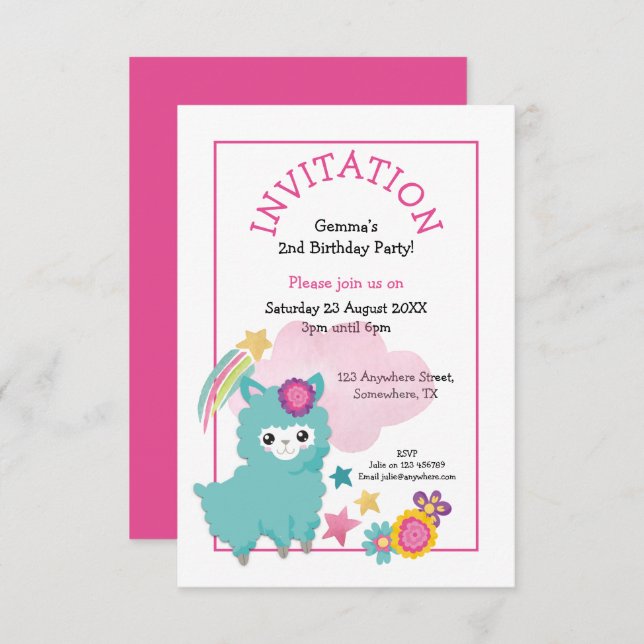 Convite Bonito Fluffy Llama Young Child Festa de aniversár (Frente/Verso)