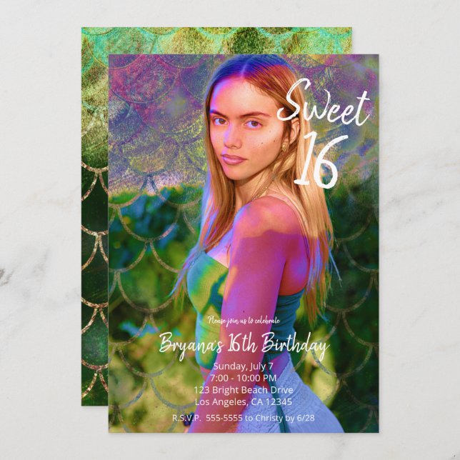 Convite Bonito Foto da Sereia Dourada Verde Foto do Doce 1 (Frente/Verso)