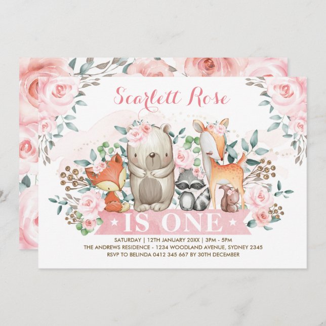 Convite Bonito Garota do Woodland primeiro aniversario Flo (Frente/Verso)