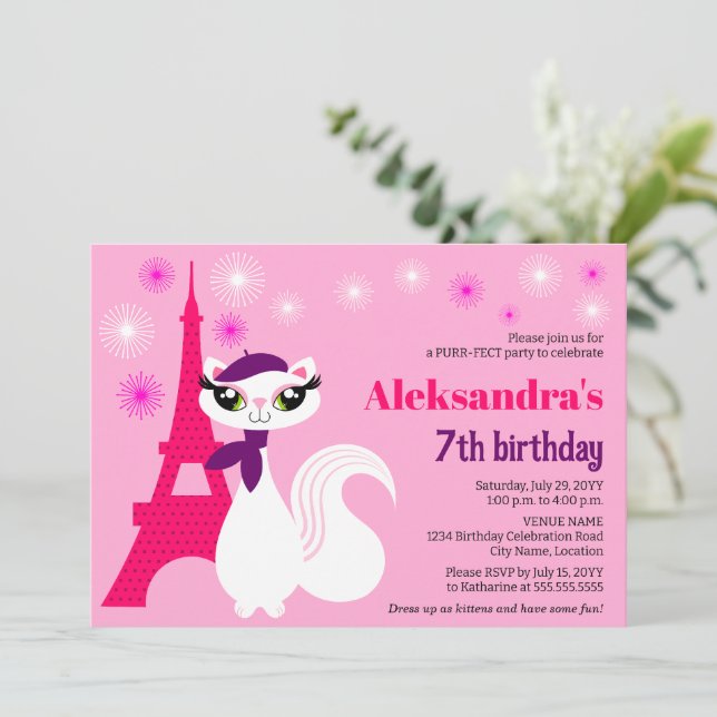 Convite Bonito Gatinho Paris Rosa Aniversário (Em pé/Frente)