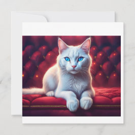 Convite Bonito Gato Albino De Olhos Azuis No Sofá Vermelho