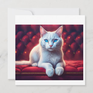 Convite Bonito Gato Albino De Olhos Azuis No Sofá Vermelho