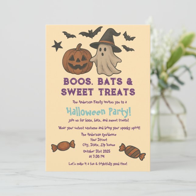 Convite Bonito Halloween - Pastel Pumpkin & Candy Party (Em pé/Frente)