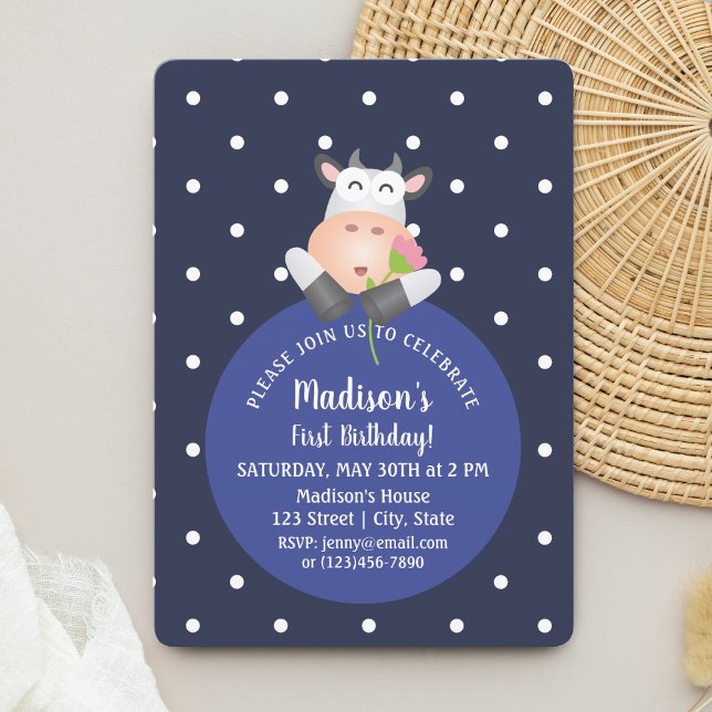 Convite Bonito Kawaii Engraçado Cartoon Vaca primeiro aniv (Criador carregado)