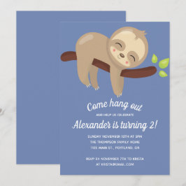 Convite Bonito Kawaii Sloth na árvore Ilustração Blue Boy