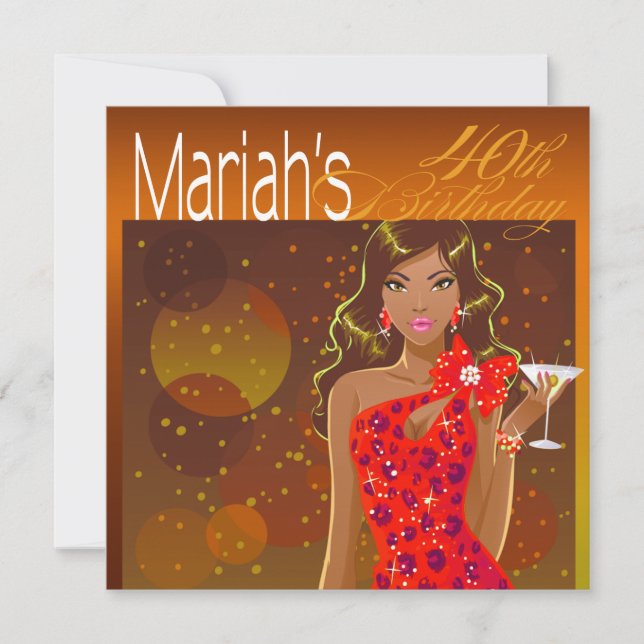 Convite Bonito Lady Birthday Cocktail Party âmbar/vermelho (Frente)