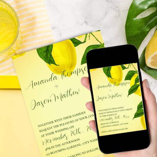 Convite Bonito Lemon Bright Yellow Citrus Weding Invitati (Pretty Lemon Bright Yellow Citrus Wedding  Invitation)