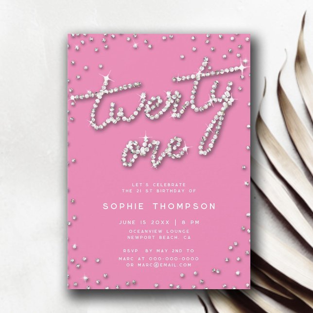Convite Bonito na aniversário de 21 anos Elegante Rosa Rhi (pretty in pink rhinestones 21st birthday invite for girls elegant modern simple classy invitation)