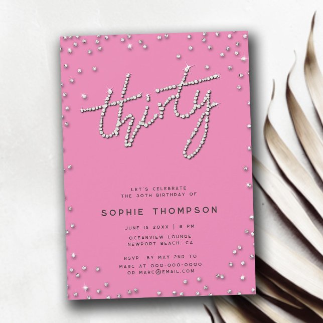 Convite Bonito na aniversário de 30 anos Elegante Rosa Rhi (pretty in pink rhinestones 30th birthday for women invitation elegant modern simple glitter feminine)