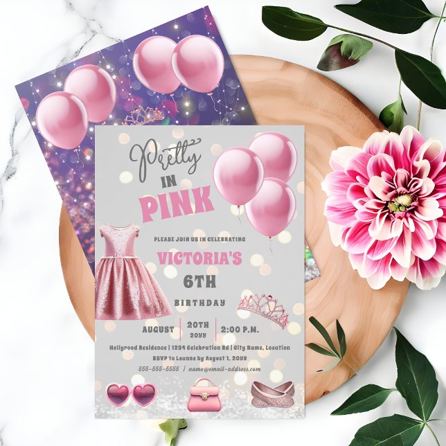 Convite Bonito na Festa de aniversário rosa (All about your daughter being Pretty In Pink for her birthday party invitation front and back view.)