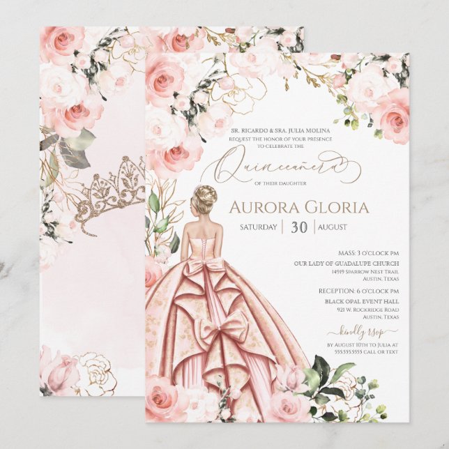 Convite Bonito na linda Rosa Elegante Quinceanera rosa (Frente/Verso)