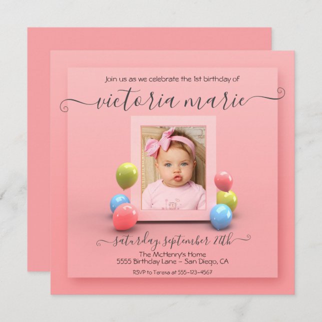 Convite Bonito no Balão de Fotos do primeiro aniversario R (Frente/Verso)