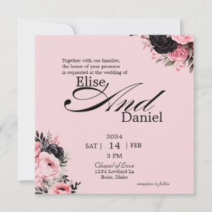 Convite Bonito no Casamento Floral Rosa e Preto