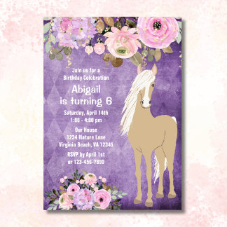 Convite Bonito Palomino Cavalo Rosa Púrpura Floral Púrpura