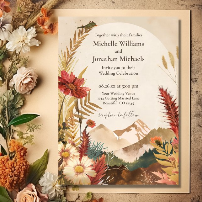 Convite bonito para Casamento de Flor Selvagem de  (Front - Pretty Boho Mountain Wildflower Wedding Invitation)