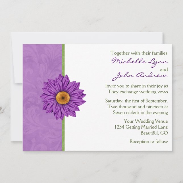 Convite bonito para Casamento de Flor Verde e Roxo (Frente)
