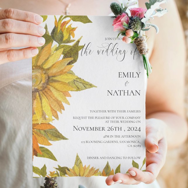 Convite bonito para Casamento Floral de Girassol A (Pretty Yellow Sunflower Floral Wedding Invitation Postcard)