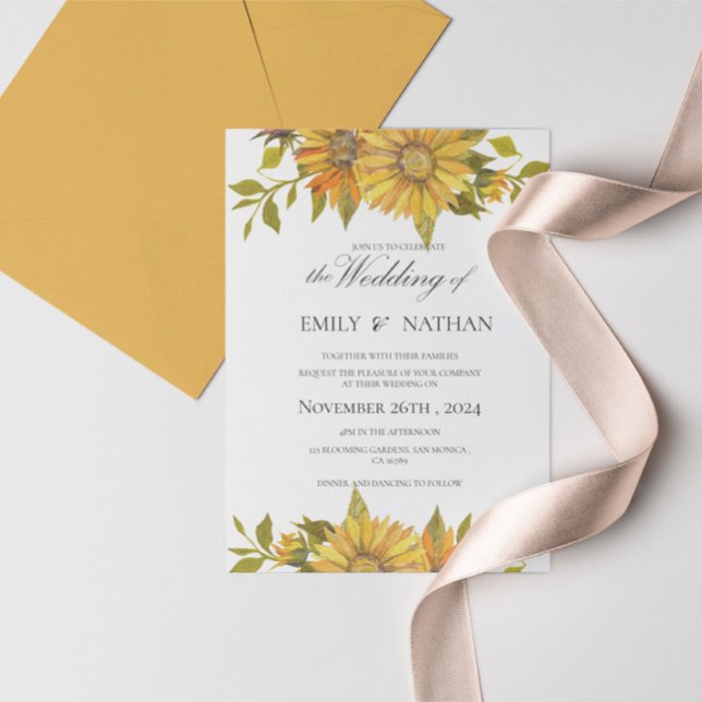 Convite bonito para Casamento Floral de Girassol A (Pretty Yellow Sunflower Floral Wedding Invitation Postcard)