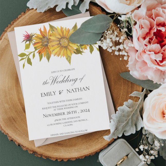 Convite bonito para Casamento Floral de Girassol A (Pretty Yellow Sunflower Floral Wedding Invitation Postcard)