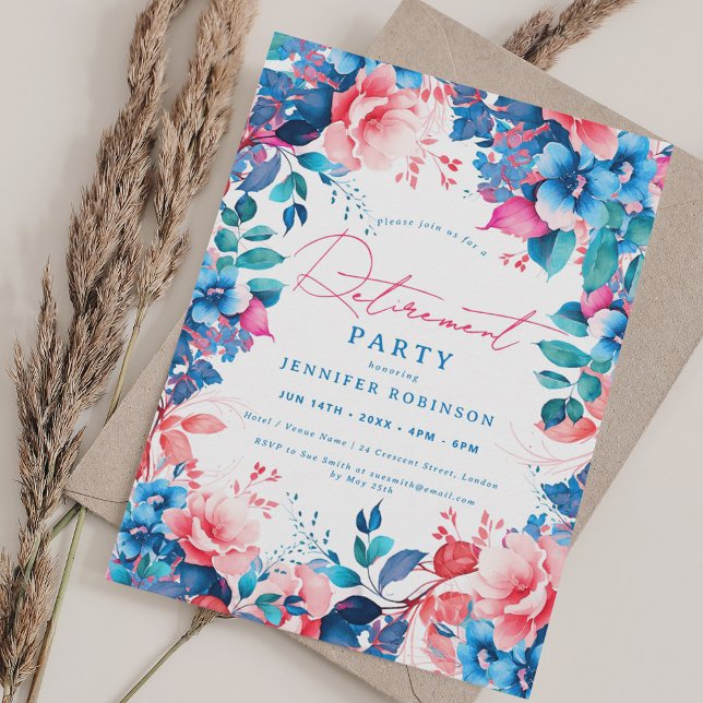 Convite Bonito Partido da Reforma Floral Azul e Rosa (Pretty Painted Blue & Pink Floral Retirement Party Invitation)