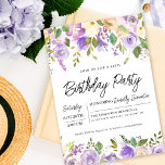 Convite Bonito Partido Floral aniversário de 40 anos<br><div class="desc">Honra uma mulher especial com este convite de festas elegante e feminina. Os detalhes da comemoração de aniversário estão cercados por cima e por baixo, bordas florais roxas. Os elementos florais estão aninhados em folhas verdes profundas. Enquanto é um design tradicional, a folhagem botânica aberta e arejada e o texto...</div>