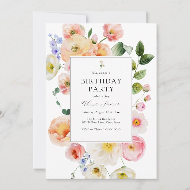 Convite Bonito Pastel Floral Birthday (Frente)