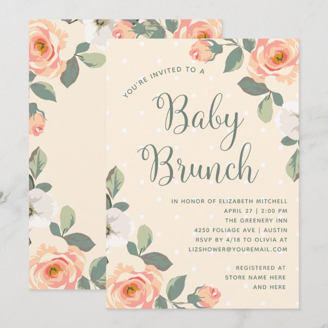 Convite Bonito Peach Floral | Baby Brunch (Frente/Verso)