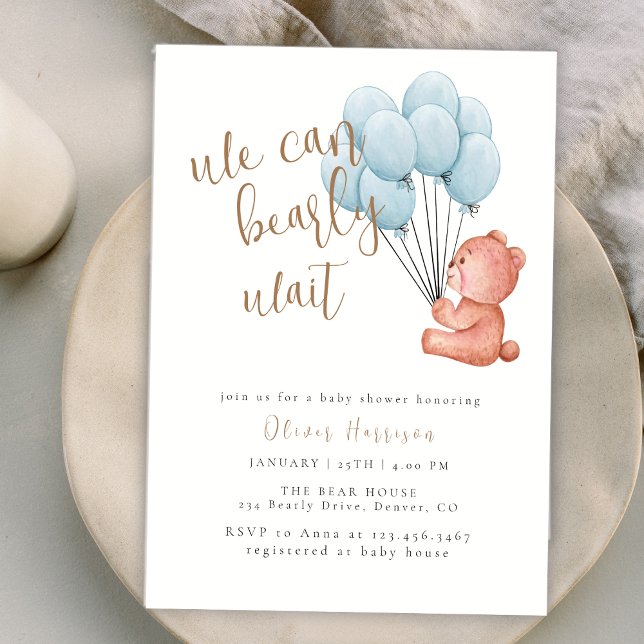 Convite Bonito podemos esperar Chá de fraldas azul de balã (Cute We Can Bearly Wait Blue Balloon Baby Shower Invitation)