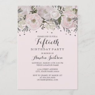 Convite Bonito Prata Floral Rosa de Prata 50º Aniversári