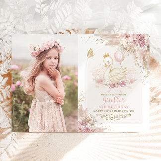 Convite Bonito Princesa Swan Boho Pink Aniversário Floral