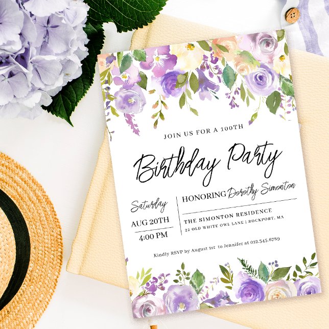 Convite Bonito Purple Floral 100ª Festa de aniversário (Matching party supplies and welcome signs available. Message me for help finding them!)