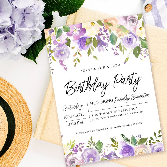 Convite Bonito Purple Floral 60ª Festa de aniversário (Matching party supplies, welcome signs and decor available. Message me for help finding an item. )