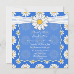 Convite Bonito Quadrado Floral de Margarida Branco e Azul