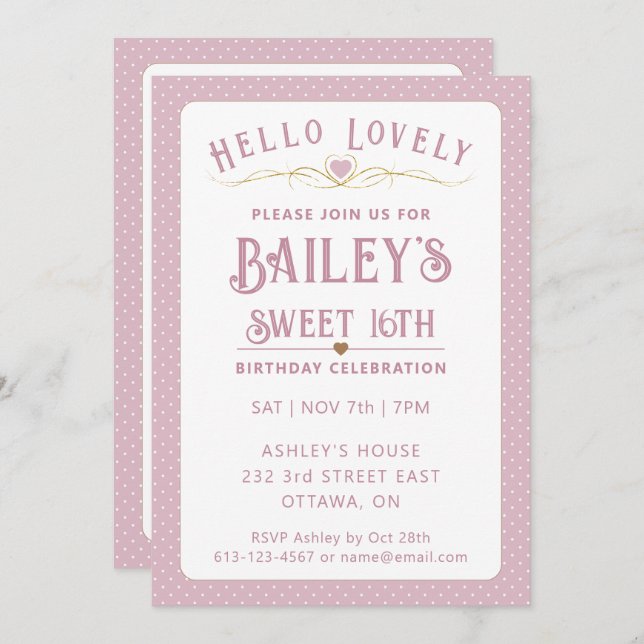 Convite Bonito Rosa e Dourado Doce 16º Aniversário (Frente/Verso)