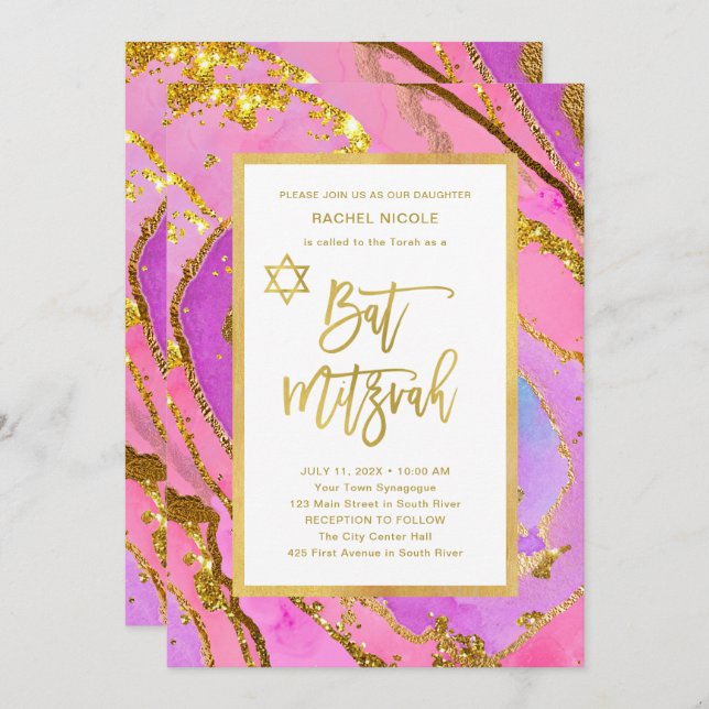 Convite Bonito rosa e Dourado Geode | Bat Mitzvah (Frente/Verso)