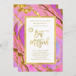 Convite Bonito rosa e Dourado Geode | Bat Mitzvah