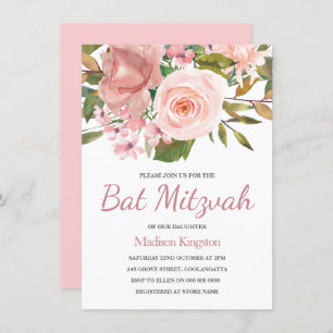 Convite Bonito Rosa, Flores Rosa Douradas, Bat Mitzvah Con