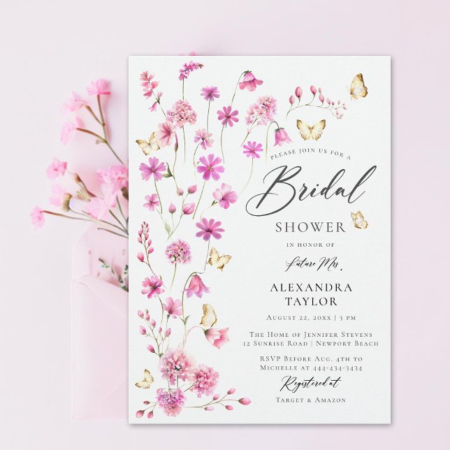 Convite Bonito Rosa Flores Selvagens Borboletas Chá de pan (pretty pink wildflowers gold butterflies elegant boho bridal shower invitation garden rustic girly)