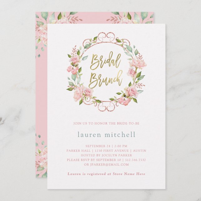 Convite Bonito Rosas Rosa e Script Dourado | Bridal Brunch (Frente/Verso)
