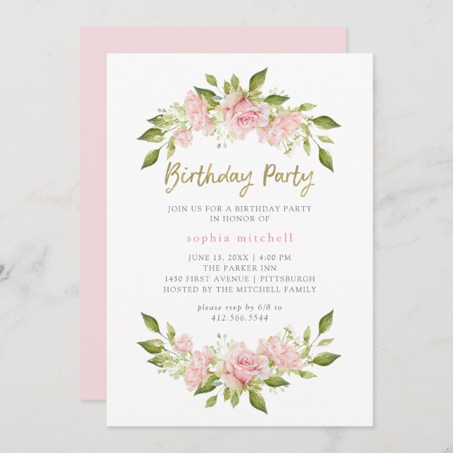 Convite Bonito Rosas Rosa Esbranquiçadas e Douradas | FEST (Frente/Verso)