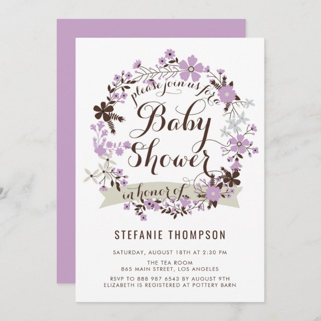 Convite Bonito roxo e Cinza, Chá de fraldas Floral (Frente/Verso)