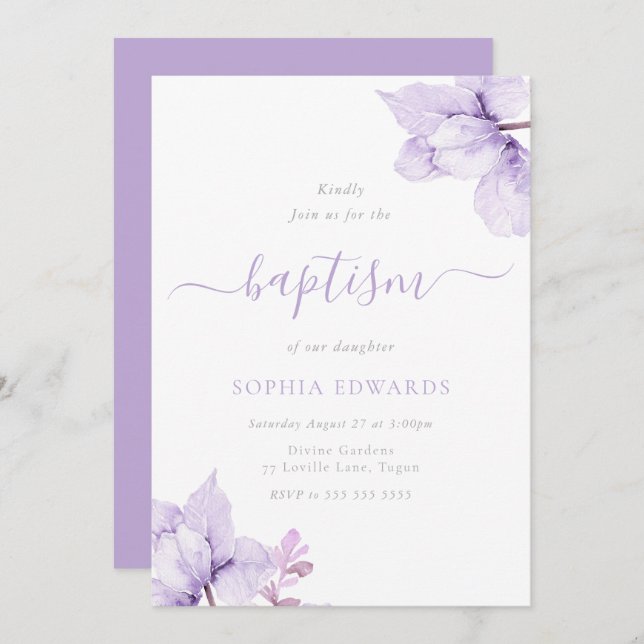 Convite Bonito Roxo Floral Girls Baptism (Frente/Verso)
